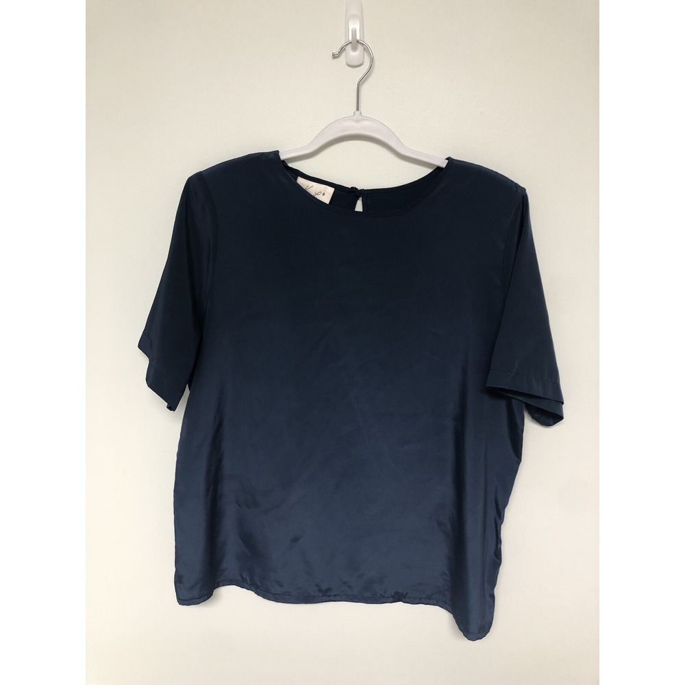 Vintage Kathie Lee Women's Navy Blue Satin Blouse Keyhole Back Size 14 2500